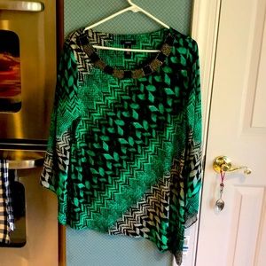 Alfa I green and black jeweled neck line blouse